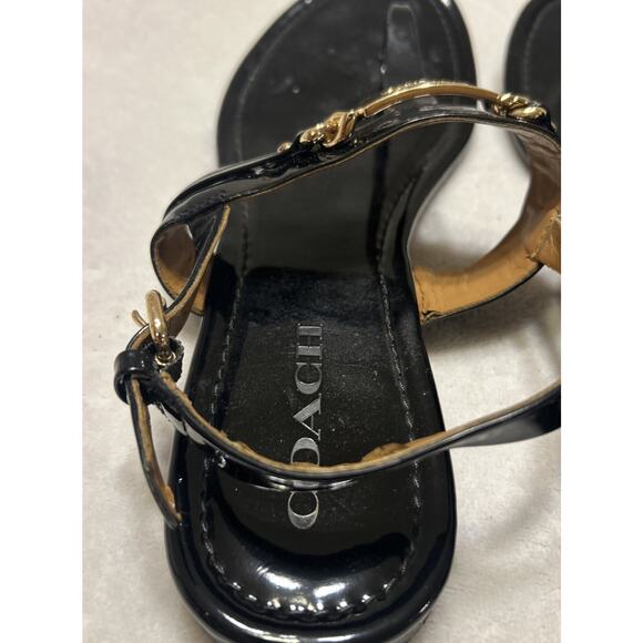 COACH Sandals Flats 9 B Caterine Black Patent Leather T-Strap Thong Sling Back - Picture 7 of 9